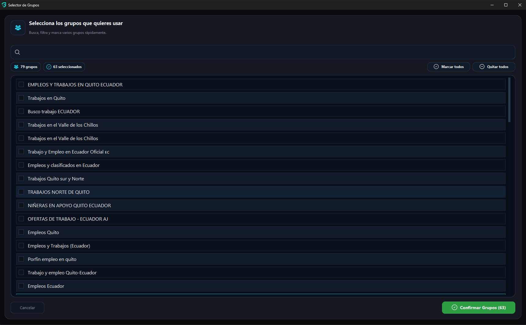 Selector de grupos de GhostPost con grupos disponibles para marcar